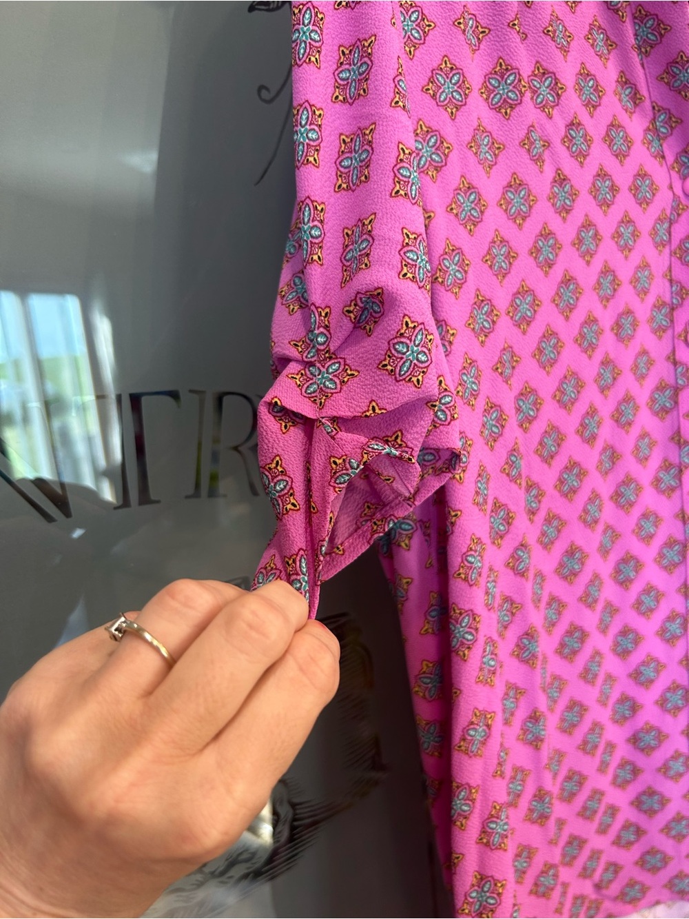 Pink Printed Button-Front Blouse by - Picture 2 of 4